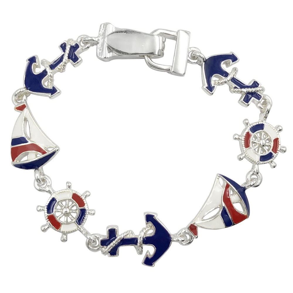Nautical Boat Theme Red White Blue Silver Tone Magnetic Clasp Bracelet